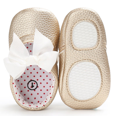 Pink baby soft sole princess shoes with a decorative bow and red polka dot lining, perfect for infants. - Image 6