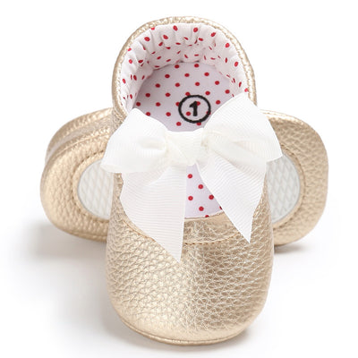 Pink baby soft sole princess shoes with a decorative bow and red polka dot lining, perfect for infants. - Image 7