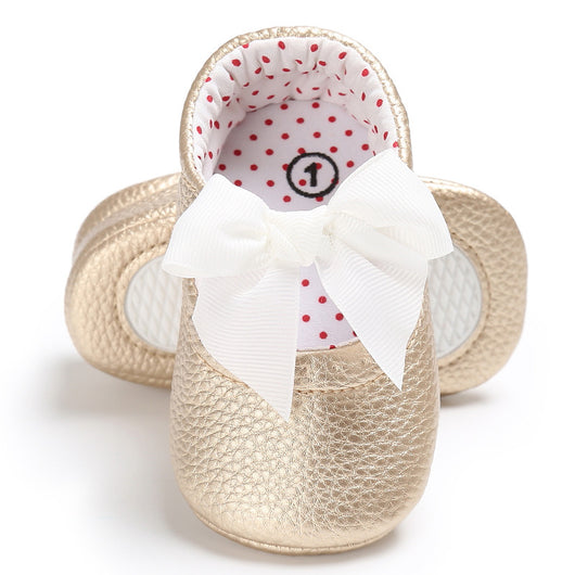 Pink baby soft sole princess shoes with a decorative bow and red polka dot lining, perfect for infants. - Image 7