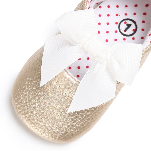 Pink baby soft sole princess shoes with a decorative bow and red polka dot lining, perfect for infants. - Image 8