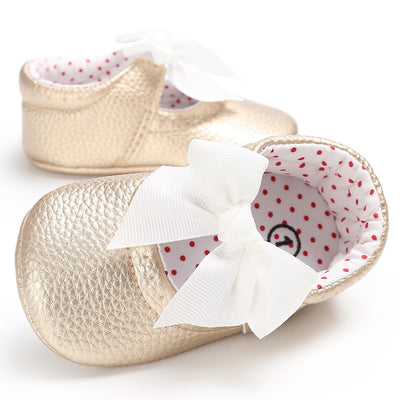 Pink baby soft sole princess shoes with a decorative bow and red polka dot lining, perfect for infants. - Image 9