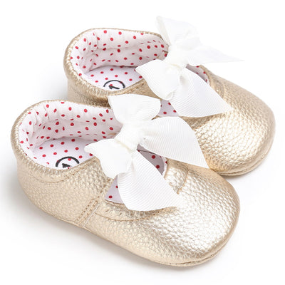 Pink baby soft sole princess shoes with a decorative bow and red polka dot lining, perfect for infants. - Image 10