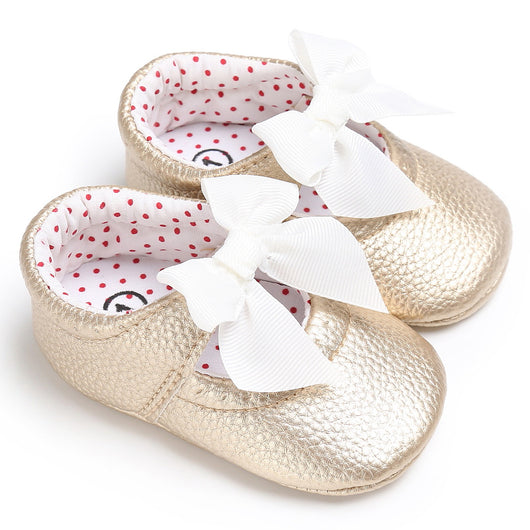 Pink baby soft sole princess shoes with a decorative bow and red polka dot lining, perfect for infants. - Image 10