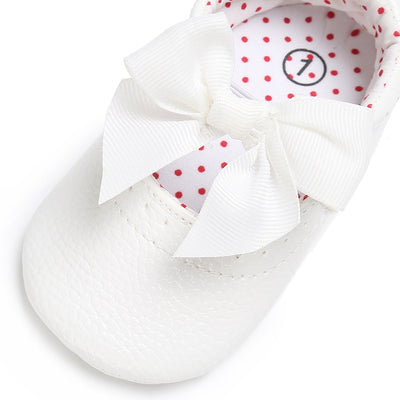 Pink baby soft sole princess shoes with a decorative bow and red polka dot lining, perfect for infants. - Image 11