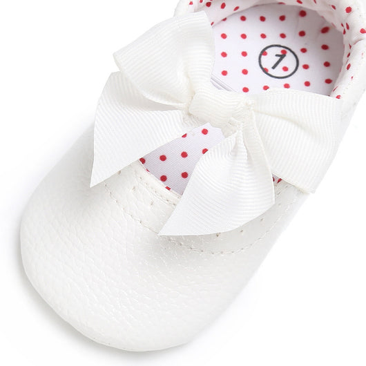 Pink baby soft sole princess shoes with a decorative bow and red polka dot lining, perfect for infants. - Image 11