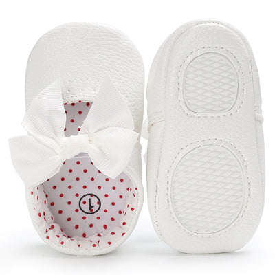 Pink baby soft sole princess shoes with a decorative bow and red polka dot lining, perfect for infants. - Image 12