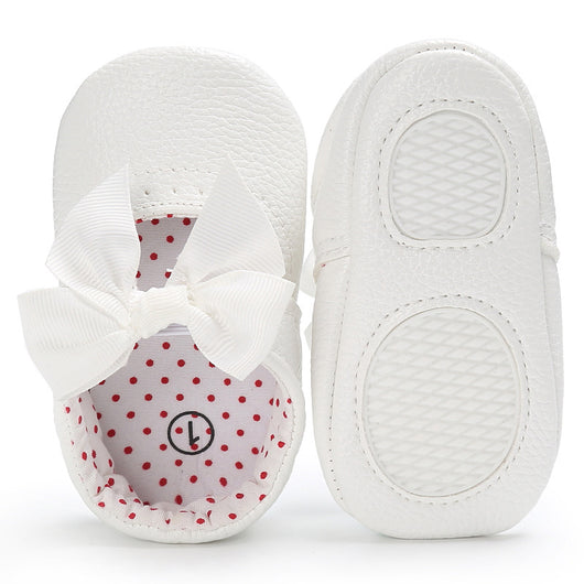 Pink baby soft sole princess shoes with a decorative bow and red polka dot lining, perfect for infants. - Image 12