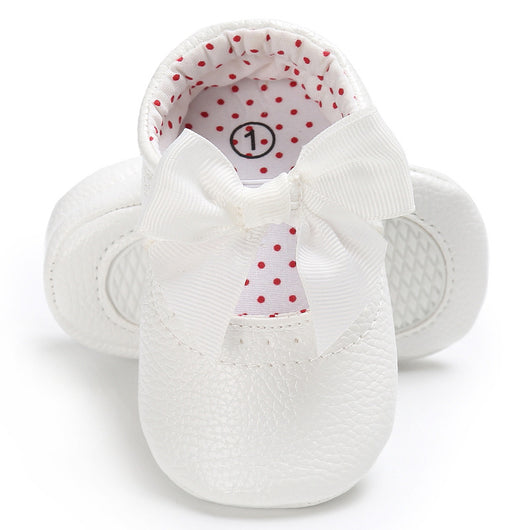 Pink baby soft sole princess shoes with a decorative bow and red polka dot lining, perfect for infants. - Image 13