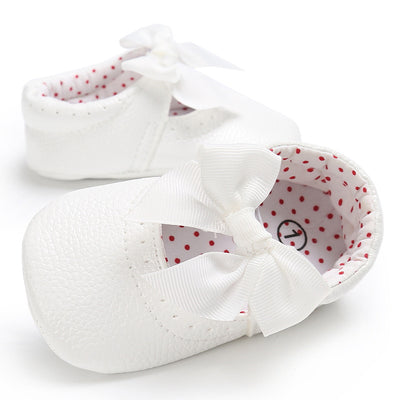 Pink baby soft sole princess shoes with a decorative bow and red polka dot lining, perfect for infants. - Image 14