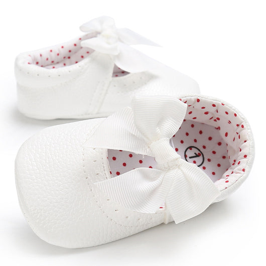 Pink baby soft sole princess shoes with a decorative bow and red polka dot lining, perfect for infants. - Image 14
