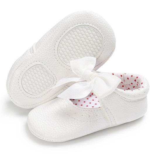 Pink baby soft sole princess shoes with a decorative bow and red polka dot lining, perfect for infants. - Image 15