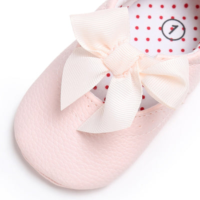 Pink baby soft sole princess shoes with a decorative bow and red polka dot lining, perfect for infants. - Image 16