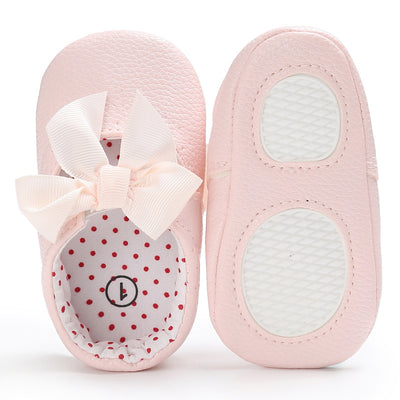 Pink baby soft sole princess shoes with a decorative bow and red polka dot lining, perfect for infants. - Image 17