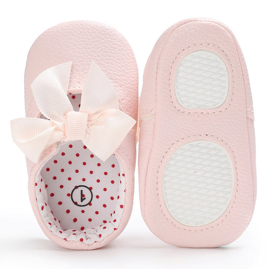 Pink baby soft sole princess shoes with a decorative bow and red polka dot lining, perfect for infants. - Image 17