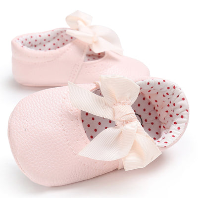 Pink baby soft sole princess shoes with a decorative bow and red polka dot lining, perfect for infants. - Image 18