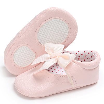 Pink baby soft sole princess shoes with a decorative bow and red polka dot lining, perfect for infants. - Image 19