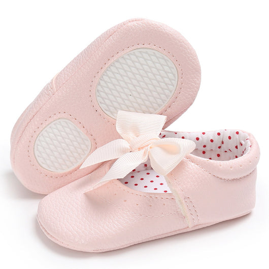 Pink baby soft sole princess shoes with a decorative bow and red polka dot lining, perfect for infants. - Image 19