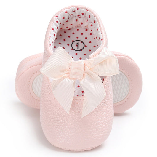 Pink baby soft sole princess shoes with a decorative bow and red polka dot lining, perfect for infants. - Image 20