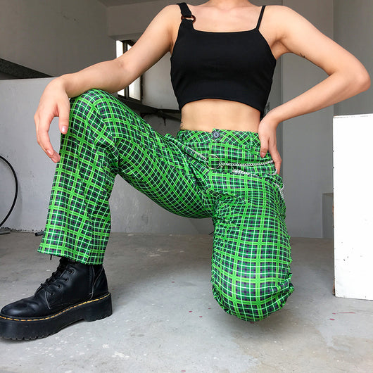Pantalones Cintura Alta Cuadros Verde - Image 11