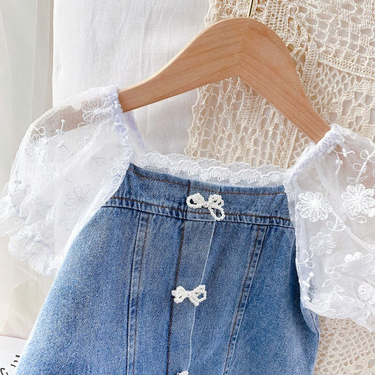Vestido Denim Niña con Encaje y Mangas Abullonadas - Estilo A-Line Patchwork Verano - Image 11