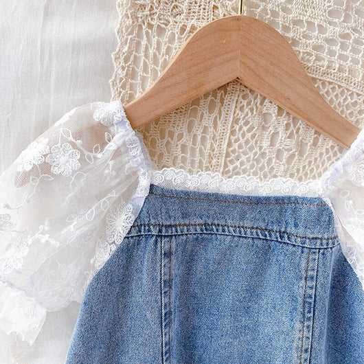 Vestido Denim Niña con Encaje y Mangas Abullonadas - Estilo A-Line Patchwork Verano - Image 12