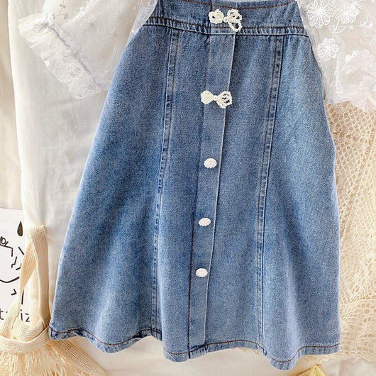 Vestido Denim Niña con Encaje y Mangas Abullonadas - Estilo A-Line Patchwork Verano - Image 13