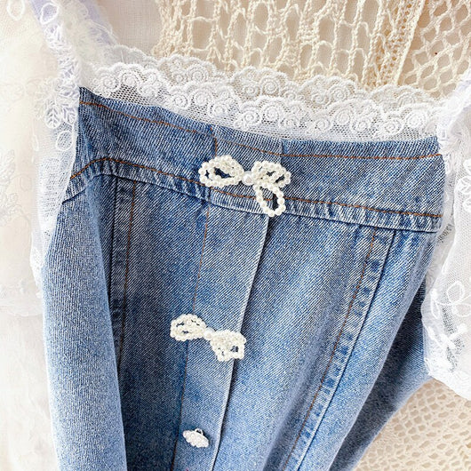 Vestido Denim Niña con Encaje y Mangas Abullonadas - Estilo A-Line Patchwork Verano - Image 14