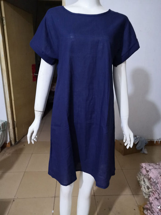 Vestido Corto de Algodón y Lino Liso con Cuello Redondo - Image 10