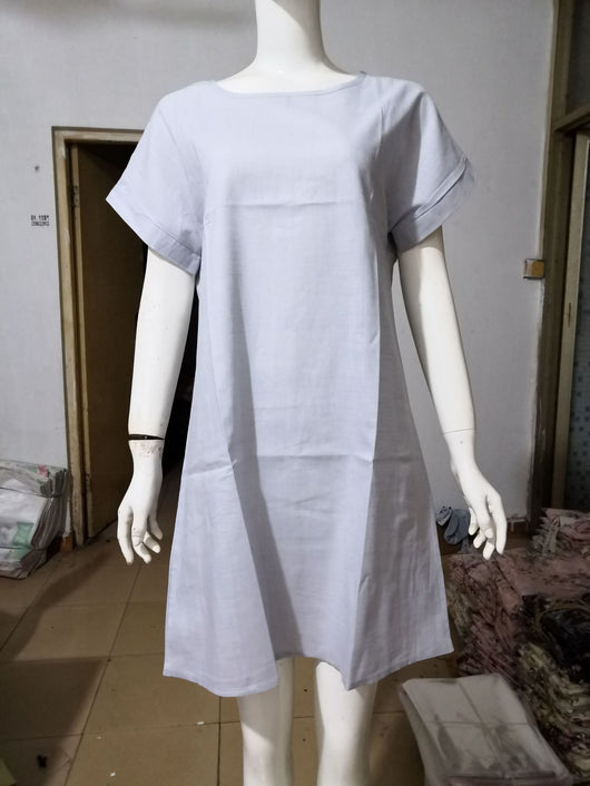 Vestido Corto de Algodón y Lino Liso con Cuello Redondo - Image 11