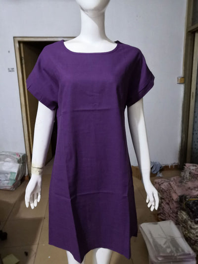 Vestido Corto de Algodón y Lino Liso con Cuello Redondo - Image 12