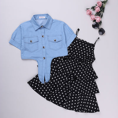 Chaqueta Denim Manga Corta Estilo Western con Falda de Tirantes Lunares - Image 10
