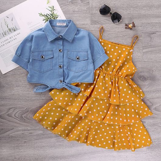 Chaqueta Denim Manga Corta Estilo Western con Falda de Tirantes Lunares - Image 12