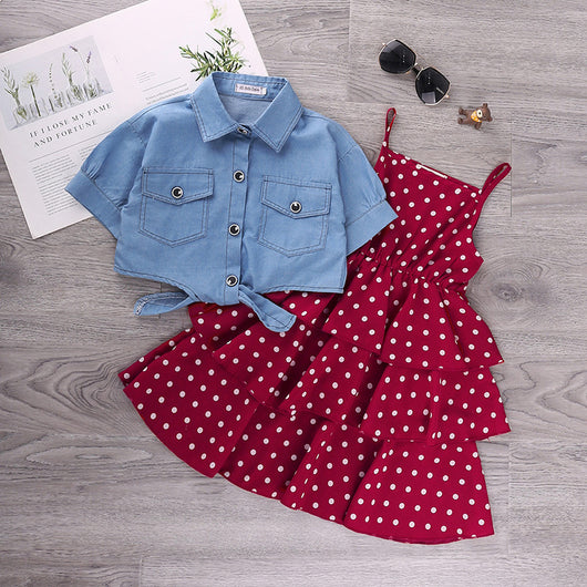 Chaqueta Denim Manga Corta Estilo Western con Falda de Tirantes Lunares - Image 13