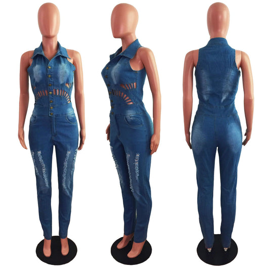 Jumpsuit Denim Slim Ajustado con Detalles Calados - Image 14