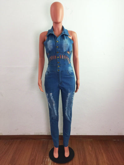 Jumpsuit Denim Slim Ajustado con Detalles Calados - Image 18