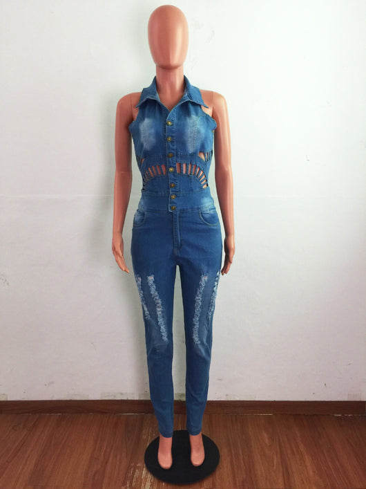 Jumpsuit Denim Slim Ajustado con Detalles Calados - Image 18