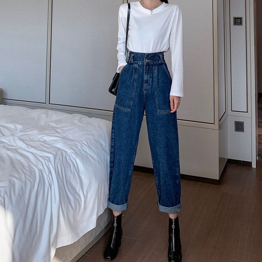 Pantalones Denim Cintura Alta Rectos Pierna Ancha Retro para Mujer - Image 9