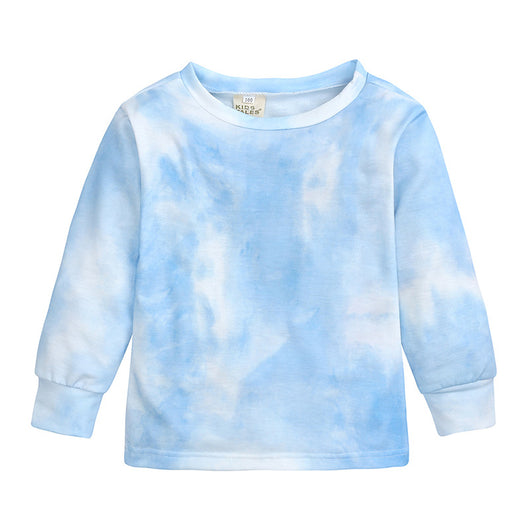 Kids' light blue and white tie-dye long-sleeve top and matching pants set, made from soft cotton. - Image 19