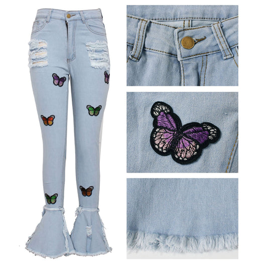 Pantalones Vaqueros Azules con Mariposas Bordadas y Detalles Rotos - Image 15