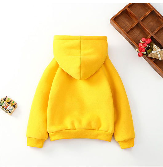 Bright yellow baby hooded sweater with "OH, YES." text, long sleeves, ribbed cuffs, and a kangaroo pocket. - Image 6