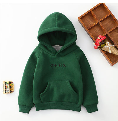 Bright yellow baby hooded sweater with "OH, YES." text, long sleeves, ribbed cuffs, and a kangaroo pocket. - Image 9