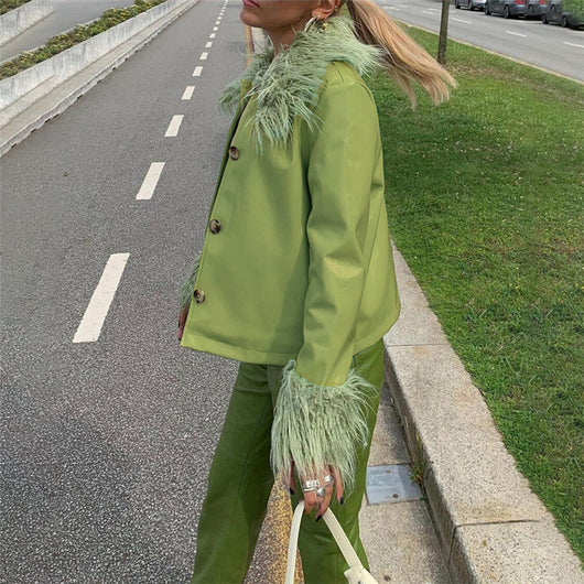 Chaqueta de Cuero Slim con Cuello de Piel - Abrigo Cálido de Botón Único para Mujer - Image 17