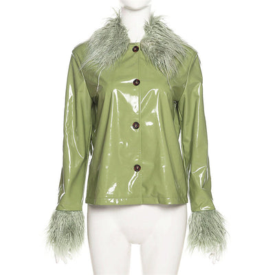 Chaqueta de Cuero Slim con Cuello de Piel - Abrigo Cálido de Botón Único para Mujer - Image 18