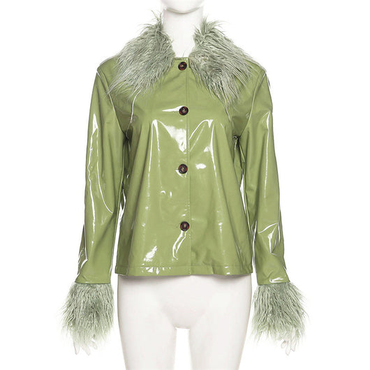 Chaqueta de Cuero Slim con Cuello de Piel - Abrigo Cálido de Botón Único para Mujer - Image 18