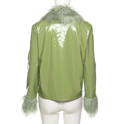 Chaqueta de Cuero Slim con Cuello de Piel - Abrigo Cálido de Botón Único para Mujer - Image 20