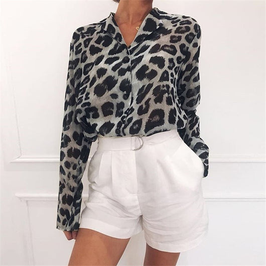 Blusa Vintage Leopardo Manga Larga Cuello Solapa Oficina Talla Grande - Image 10