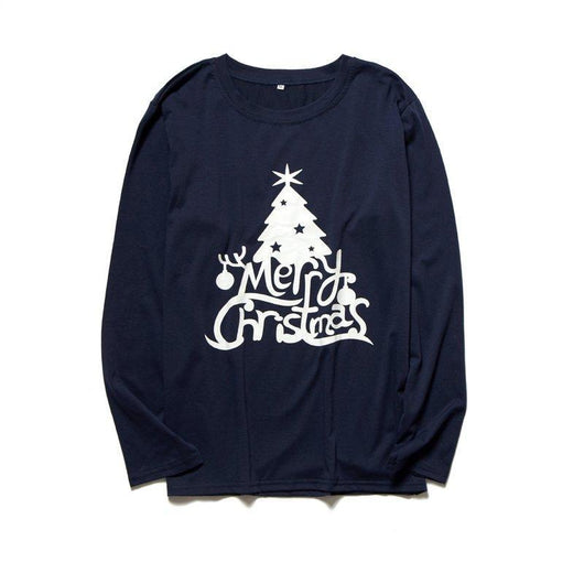 Matching navy blue family Christmas pajamas with white Christmas tree and "Merry Christmas" text, paired with patterned bottoms. - Image 8