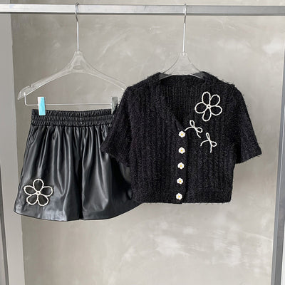 Conjunto Casual: Top Tejido Escote V Manga Corta + Shorts Anchos PU - Image 11