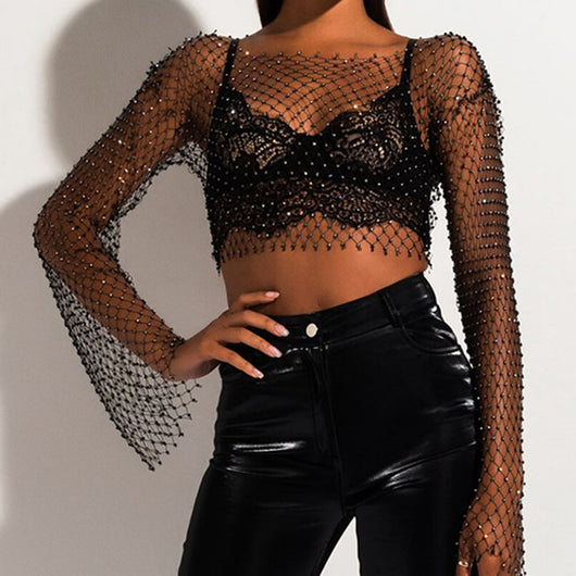 Blusa Transparente de Malla con Cuello Redondo y Manga Larga - Image 12