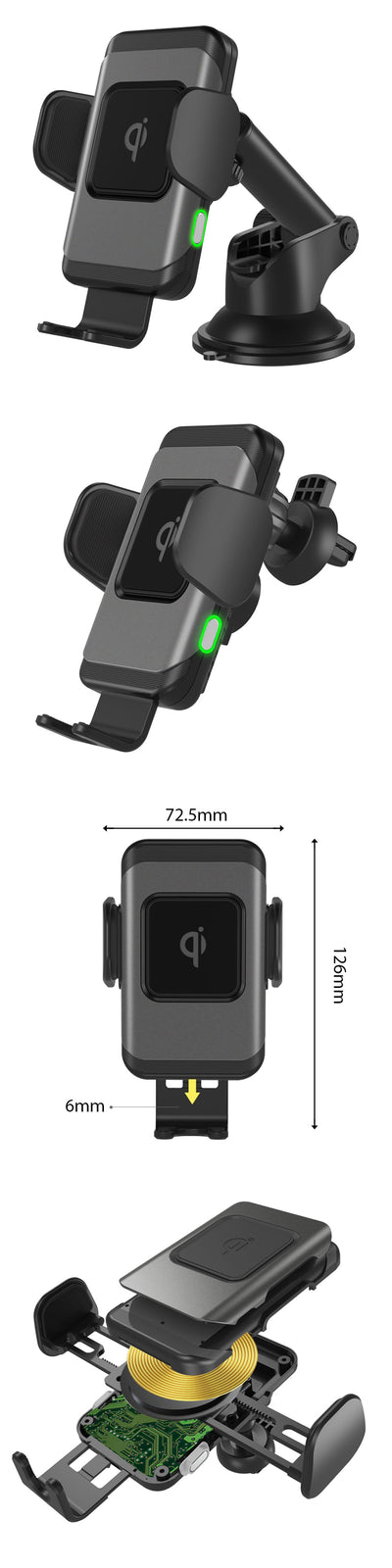 Grey and black 10W fast wireless car charger with automatic clamping arms and a vent mount, featuring a green indicator light. - Image 8